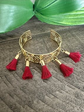 Gold Cuff Bracelet with Red Tassels